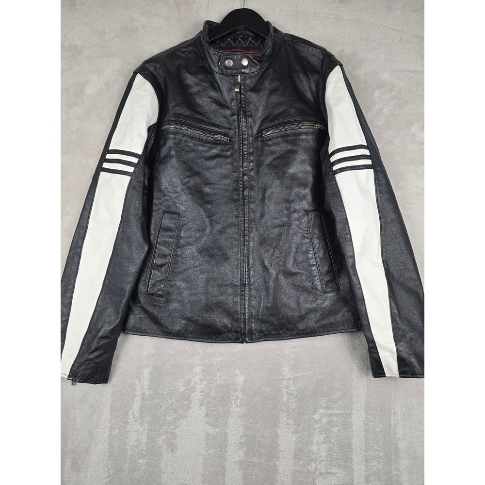 Vintage Street Legal Biker Jacket Mens S Black Leather Racing Stripe Moto Lined